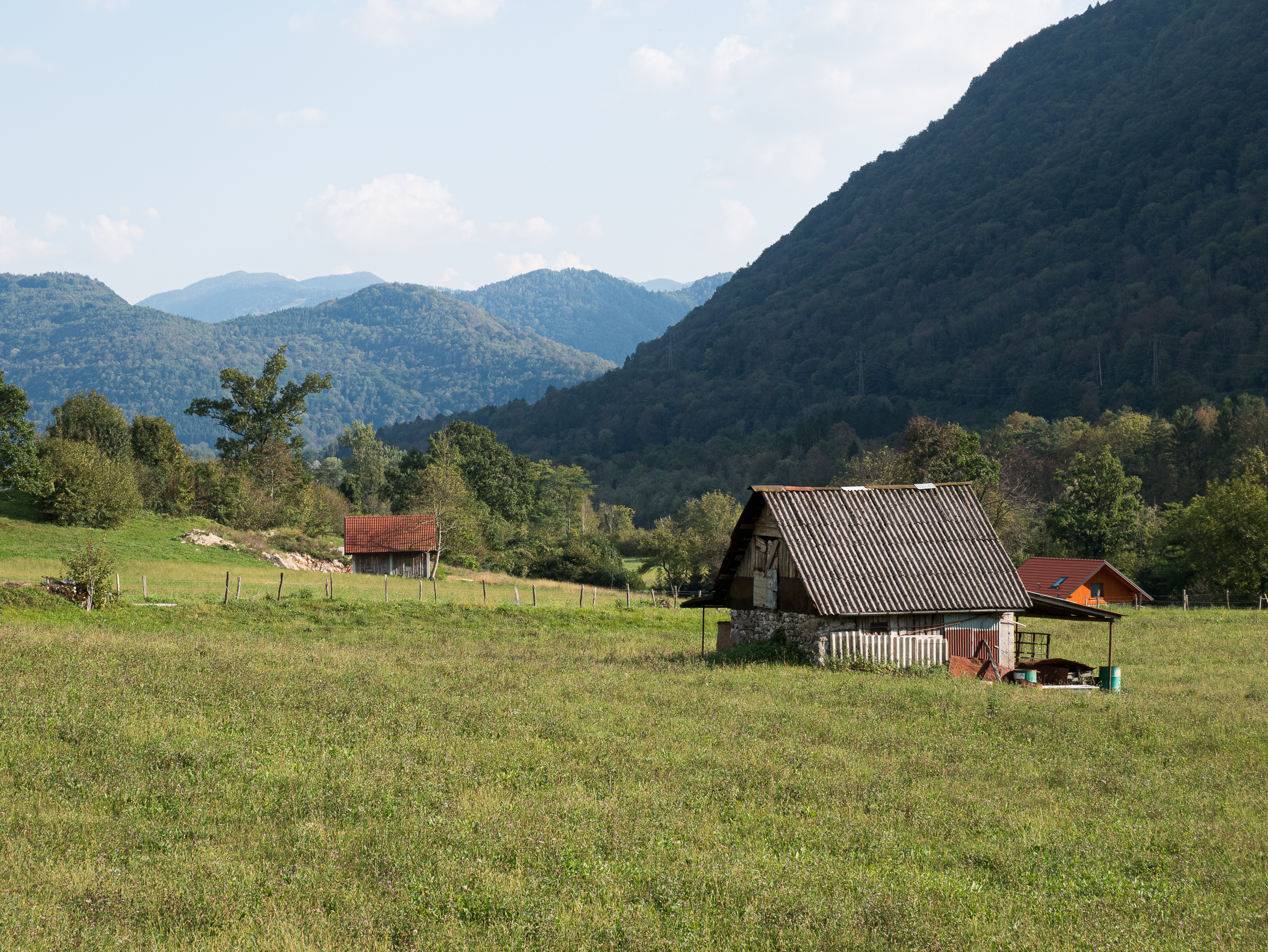 Alte Heuhütten auf der Talwiese vor bewaldeten Bergen